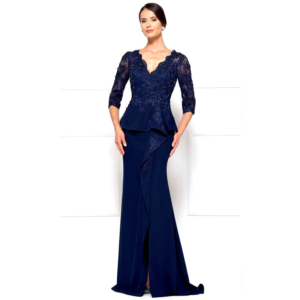 Rina diMontella dress NAVY Size 8 hemmed front is 39” from waistline train i42”